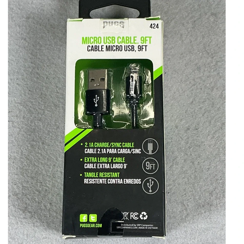 Pugs Micro USB Cable 9ft Black Extra Long Charging Sync Cable New